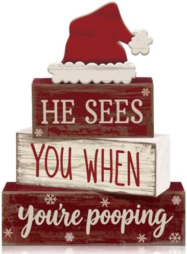 Moucuny 4 Pcs Christmas Bathroom Decorations, Funny Christmas Wooden Signs