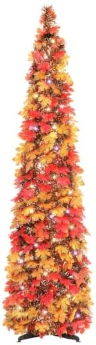 N&T NIETING Fall Tree Home Decor, 5FT Pop Up Tree with Lights & Timer & 8 Modes, Collapsible Tinsel Pencil Tree for Autumn Harvest Porch Thanksgiving Party Decorations, Fall Maple Leaves