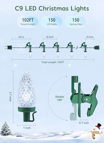 C9 Christmas Lights Outdoor, 102FT 150 LED String Lights with Spring Clips