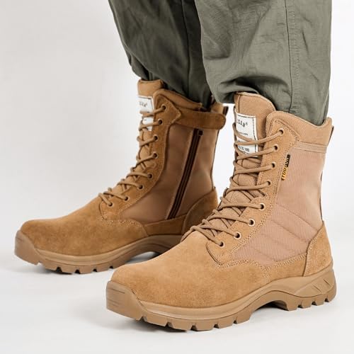 Men's Military Tactical Work Boots with Side Zipper, Puncture Resistant, Desert Combat, Army Jungle, 8 Inch Lightweight Hiking Boots