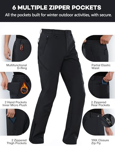 Stlight Mens Snow Ski Water Repellent Softshell Pants for Winter Hiking Fleece Lined Bottom Leg Zipper with 6 Zip Pockets