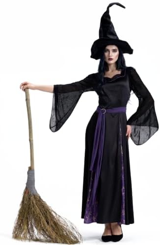 Women’s Witch Costume, Halloween Dress Outfit with Witch Hat and Belt S-2XL