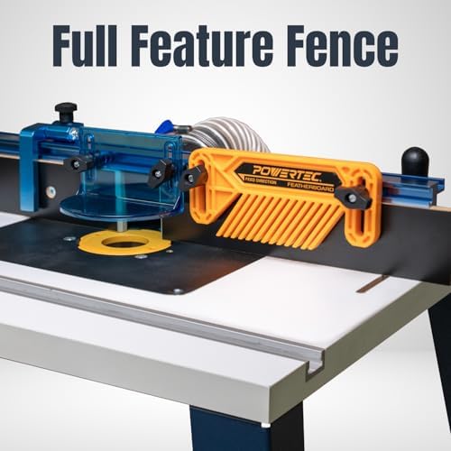 POWERTEC Benchtop Router Table with Steel Stand and Adjustable Fence – 24" x 16" MDF Laminated Top, Insert Plate, 2-1/2" Dust Port, Fence Stop, Featherboard & Additional Accessories (71402V)