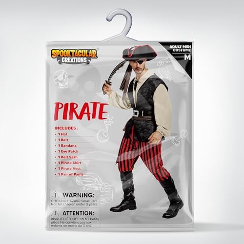 Spooktacular Creations Men Pirate Costume, Adult Pirate Shirt Vest Viking Pants Hat Set for Halloween Themed Parties