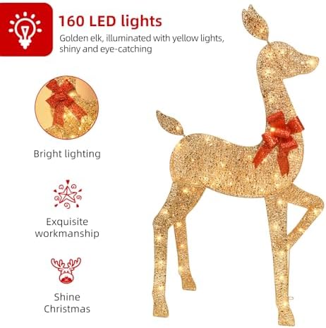 HOYECHI 5 FT Oversized Christmas Decorations Outdoor Lighted Reindeer – 3-Piece 2D Deer Family Set with 160 Warm White LED Lights for Yard, Lawn, Garden & Porch Holiday Display - Gold