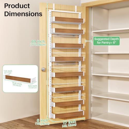 SNTD 8 Tiers Wooden Over the Door Organizer, 17" W x 6" D x 69" H, Walnut