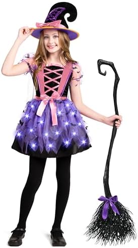 Spooktacular Creations Girls Light Up Witch Costume, Kids Witch Costume with Hat and Broom for Toddler Halloween Dress Party