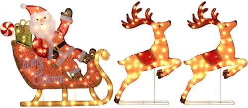 Hykolity 2.5D Santa Sleigh Ride Iron Outdoor Christmas Decoration, 170 Warm White LEDs with UL Transformer, Stained-Glass Fabric Figures Yard Decor