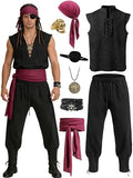 Verceco Mens Pirate Costume 8PCS Renaissance Sleeveless Shirt Ankle-Banded Pants Sash Belt & Accessories LARP Cosplay