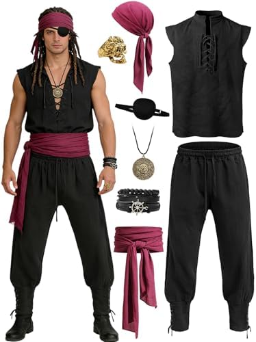 Verceco Mens Pirate Costume 8PCS Renaissance Sleeveless Shirt Ankle-Banded Pants Sash Belt & Accessories LARP Cosplay