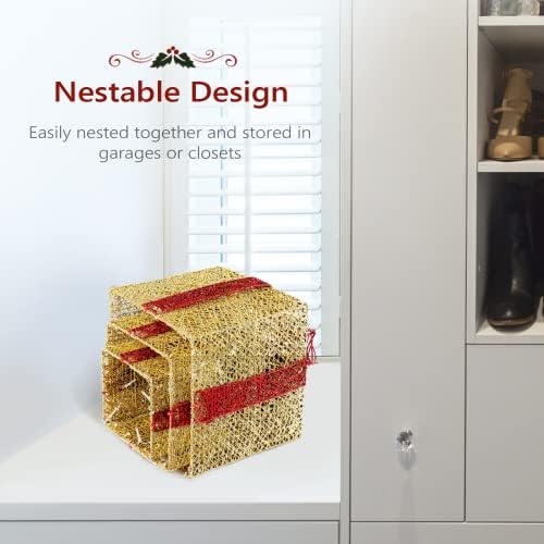 VINGLI Christmas Lighted Gift Boxes Set of 3 with Plug, Weather Proof Nestable Present Boxes Ornament Home Decor Pre-lit 60 LED Lights Pre-Secured Bowknot for Indoor or Outdoor Christmas Decorations
