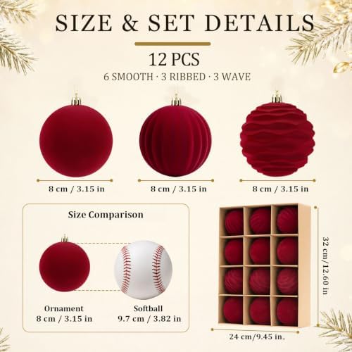 Red Burgundy Velvet Ornaments 3.15in, 12Pcs Balls for Christmas Tree Deco