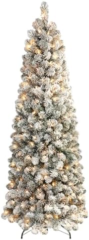 SHareconn 8ft Prelit Snow Flocked Artificial Slim Pencil Christmas Tree