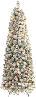 SHareconn 7.5ft Prelit Snow Flocked Artificial Slim Pencil Christmas Tree
