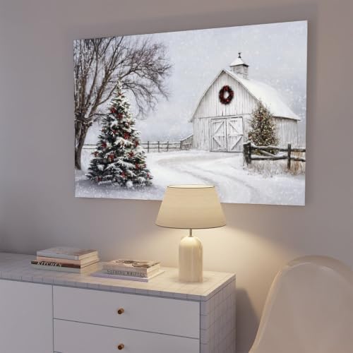 JDBeehpy Winter White Barn Christmas Tree Canvas Wall Art Framed 24x36inch