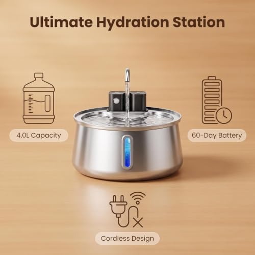 Good Origins Dog Water Fountain, 4L/135oz Automatic Cat & Dog Water Fountain, 4000mAh Rechargeable Battery, Up to 60-Day Battery Life, 3 Working Modes, Stainless Steel