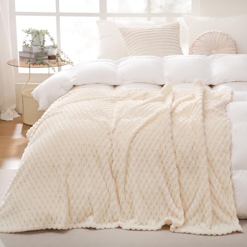 Puncuntex Cream White Throw Blanket 108"×90" Fuzzy 3D Jacquard Decorative