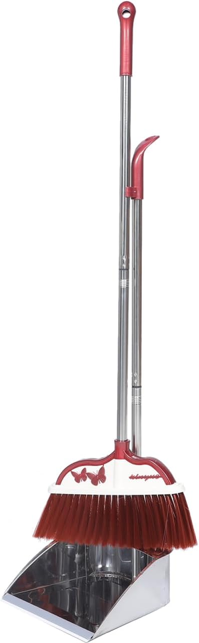 Mikinona Broom and Dustpan Set with Long Handle, Light Weight Stainless Steel Poles Stand Upright Dustpans with Broom Combo for Home Kitchen Office Pet Dog Hair