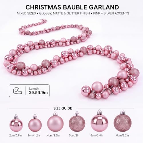 Sosation 29.5Ft Christmas Ball Ornament Garland, Pink, Glossy Matte Glitter