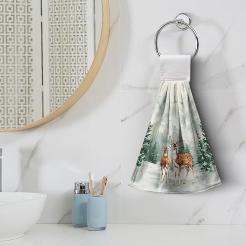 Rustic Farmhouse Winter Hanging Hand Towels with Loop - Pine Trees Xmas Deer Kitchen Dish Towels Absorbent Soft Fast Drying Set of 2