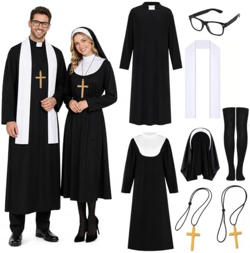 Priest and Nun Couple Costume for Adults Include Robes Stole Socks Glasses Necklaces for Halloween Dress Up
