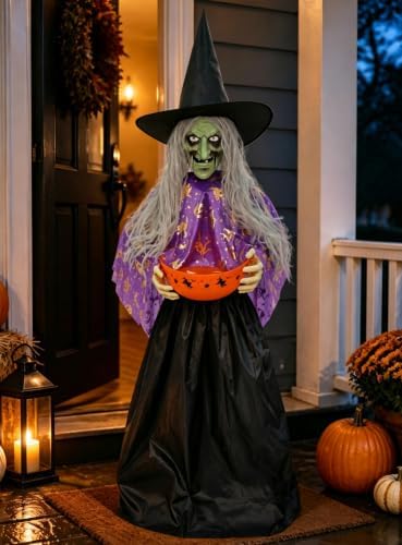 Halloween Witch Animatronic with Candy Bowl, Moving Head & Mouth, Sound