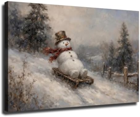 Christmas Winter Snowman Wood Sled Sleigh Wall Art (Framed,20×30 inch)