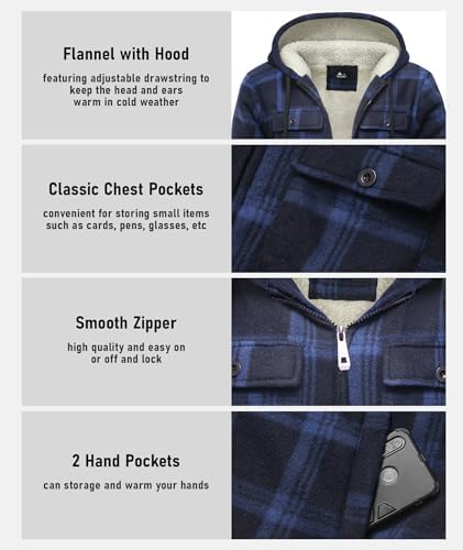 GEEK LIGHTING Men's Flannel Shirts Jacket Sherpa Lined Plaid Zipper Hoodie