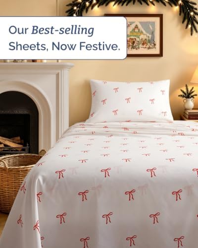 Christmas Sheet Set, Dainty Red Bows, Holiday Xmas Bedding Set - Twin Size