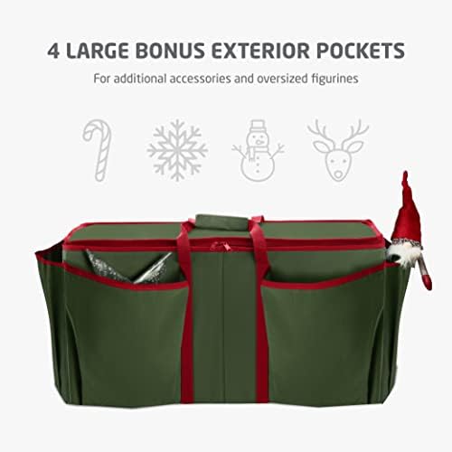 ZOBER Large Christmas Ornament Storage Box - Stores 80 3" Ornaments, With Dividers - With Large Compartment for Figurines, and Accessories, Durable Christmas Containers Holder, 4 Extra Pockets - Green