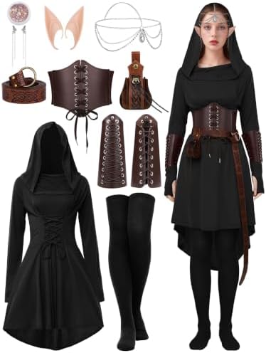 10 Pcs Women Renaissance Halloween Fairy Costume Medieval Hooded Elf Dress