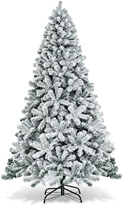 COSTWAY 7.5 FT Flocked Christmas Tree, Unlit Hinged Xmas Tree with 1010 Snowy Branch Tips & Metal Stand, Artificial Christmas Tree for Home Office Party Decoration, Green & White