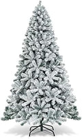 COSTWAY 7.5 FT Flocked Christmas Tree, Unlit Hinged Xmas Tree with 1010 Snowy Branch Tips & Metal Stand, Artificial Christmas Tree for Home Office Party Decoration, Green & White