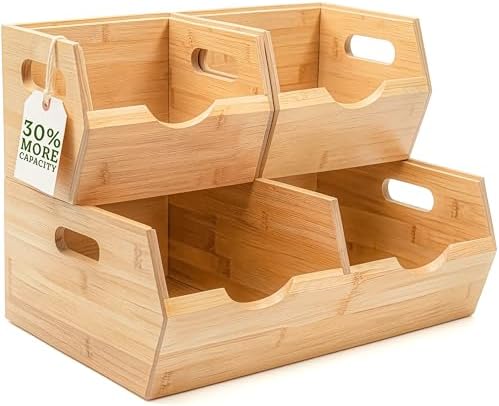 HOMESTEAD Extra Large Bamboo Pantry Storage Bins – 30% Larger, Stackable Potato Onion Storage Bin, Pantry Organizers and Storage, Produce Vegetable Organizer, Set of 3