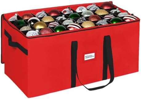 Christmas Ornament Storage Container,Box Stores Up to 128-3 inch ornaments, Adjustable Dividers, Large Organizer Bin to Protect and Store Holiday Décor - Red