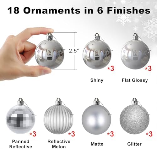 Silver 2.5" Christmas Balls Christmas Tree Decoration Ornaments Shatterproof Hanging Balls for Birthday Halloween Holiday Wedding Decorations Set of 18pcs