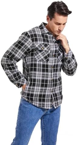 Men's Sherpa Cotton Flannel Shirt Jacket Plaid Button Coat Pocket