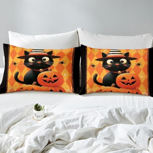 Cute Black Cat Bed Sheet Queen Size Orange Pumpkin Sheets Sets Adults Bedroom Decor Square Grid Microfiber Bedding Set with Flat,Fitted Sheet,2 Pillow Cases