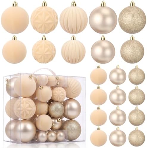 Civaner 52 Pcs Velvet Christmas Ball Ornaments Flocked Christmas Tree Hanging Ornaments 3 Assorted Size Shatterproof Xmas Ball Decorations Set for Xmas Holiday Winter Party Decor(Beige)