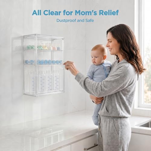 HBlife Baby Bottle Storage Organizer for Wall Countertop Cabinet, 3 Tiers Adjustable Clear Acrylic Bottles Storage Station Case Box Container with 2 Removable Dividers and Magnetic Door, Small