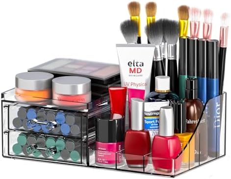 Acrylic Small Makeup Organizer with Drawers,Clear Skincare Organizer for Vanity,Dresser,Bathroom Countertop,Cute Cosmetic Organizer for Lip Gloss,Makeup Brush,Beauty,Skin Care and Cosmetic Storage