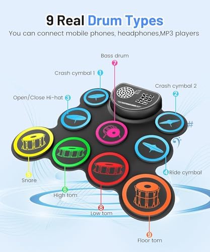Sboet Electronic Drum Set, 9-Drum Practice Pad with Headphone Jack, Roll-up Drum Kit Machine with Built-in Speaker Drum Pedals and Sticks 10 Hours Playtime, Great Christmas Holiday Gifts for Kids