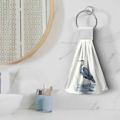 Blue Heron Coastal Hanging Hand Towels Set of 2 Summer Nautical Ocean Beach Themed Kitchen Towels with Hanging Loop Sea Bird Pelican Dish Towel Soft Absorbent Guest Fingertip Bath Towel for Bathroom