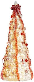 VINGLI 6ft Pop up Artificial Christmas Pine Tree with 100 Warm White Lights, Xmas Tree Holiday Party Decorations with Sturdy Metal Stand (Red&White)