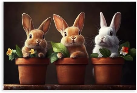 JDBeehpy Three Rabbits in Flowerpot Wall Art Painting Unframed 8x12inch