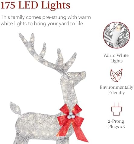 Best Choice Products 4ft 3-Piece 2D Lighted Christmas Deer Family Set, Large Outdoor Yard Reindeer Holiday Decoration with 175 LED Lights, Stakes, Zip Ties - Silver