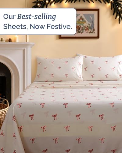 Christmas Sheet Set, Dainty Red Bows, Holiday Xmas Bedding Set - Queen Size