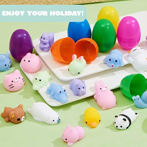 JOYIN 72 Pcs Easter Prefilled Eggs with Mochi Squishy Toys, Kawaii Stress Reliever Squishy Toy for Easter Egg Hunt, Kids Party Favor, Basket Stuffers, Goodie Bag Fillers, Classroom Prize Supplies