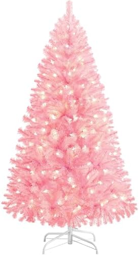 Yaheetech 4.5ft Pre-lit Christmas Tree with 150 Warm White Lights, Pink