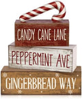 Moucuny 4 Pcs Christmas Table Decor Candy Cane Lane Sign, Wood Block Set